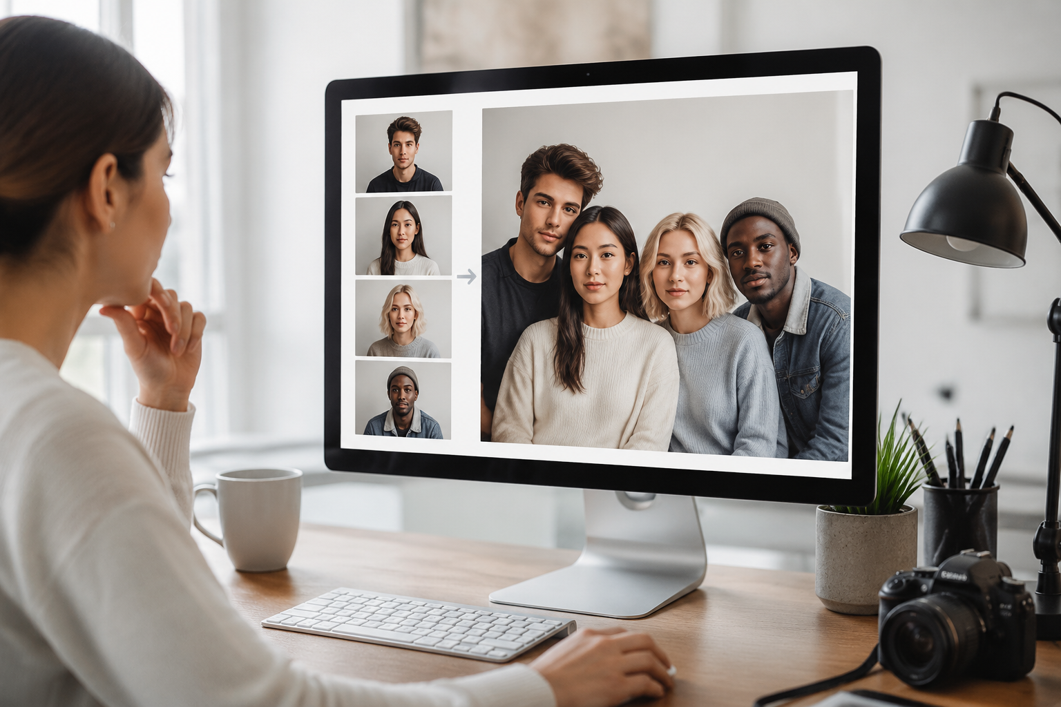 Several separate photos being transformed into one cohesive AI-combined image